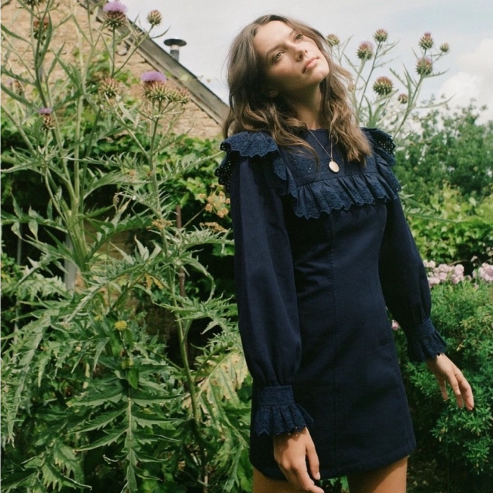 Doen Minore Dress Navy Size S Eyelet Collared Long Sleeve Organic Cotton Cottage